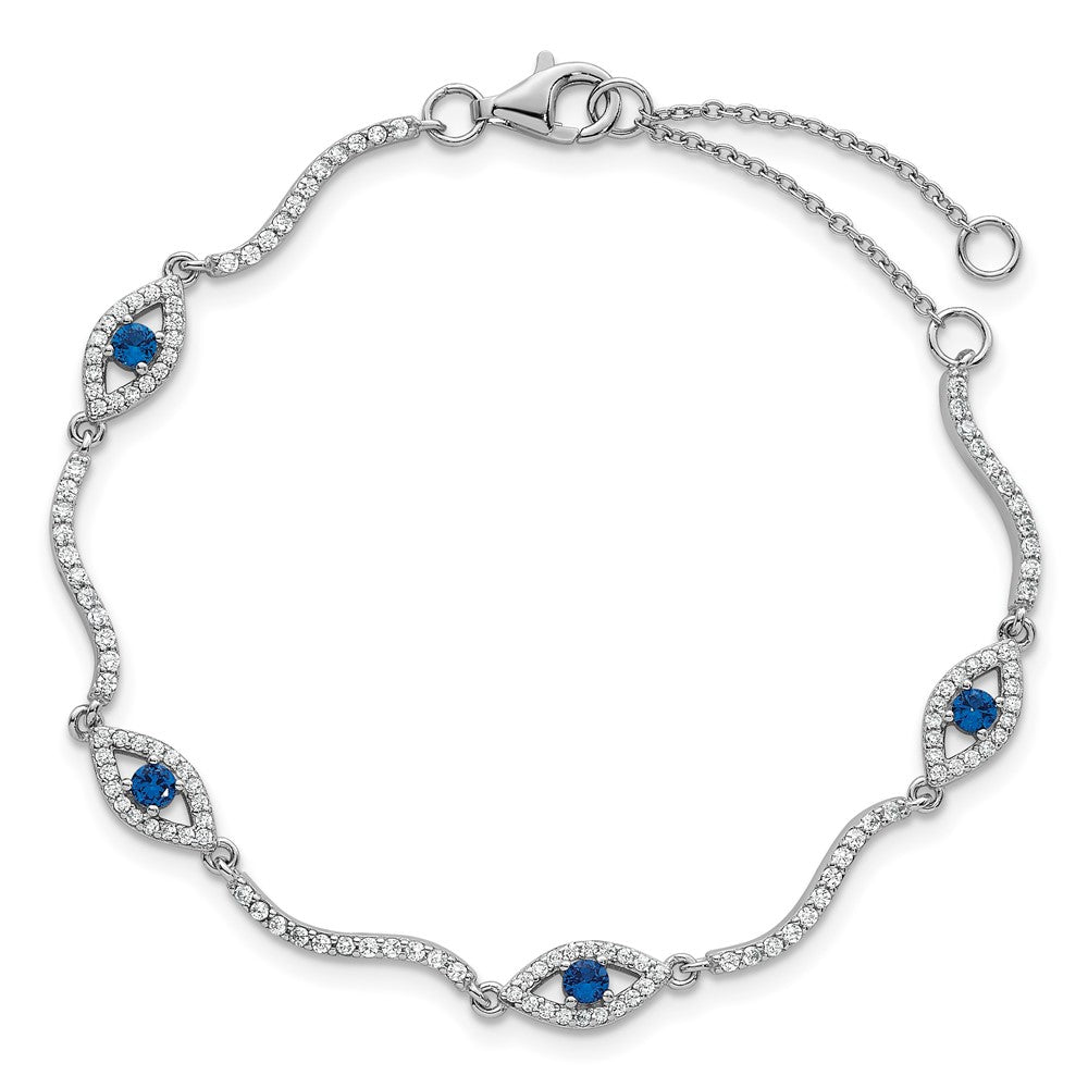 SS RH-plated Polished Lab Cr. Spinel CZ Evil Eye 6in w/2in Ext Bracelet