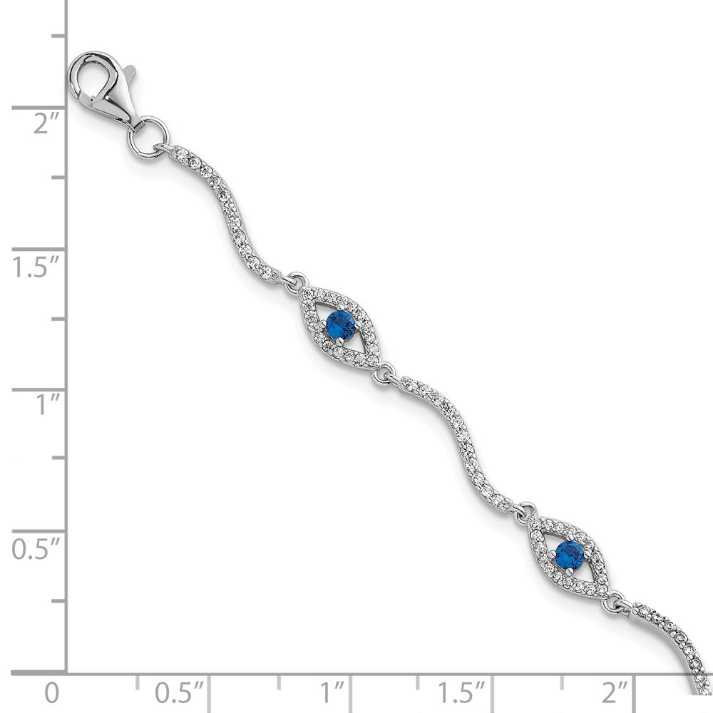 SS RH-plated Polished Lab Cr. Spinel CZ Evil Eye 6in w/2in Ext Bracelet