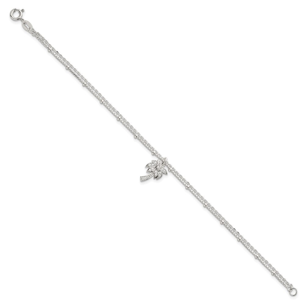 Sterling Silver Polished and Beaded CZ Palm Tree 2-Strand Bracelet