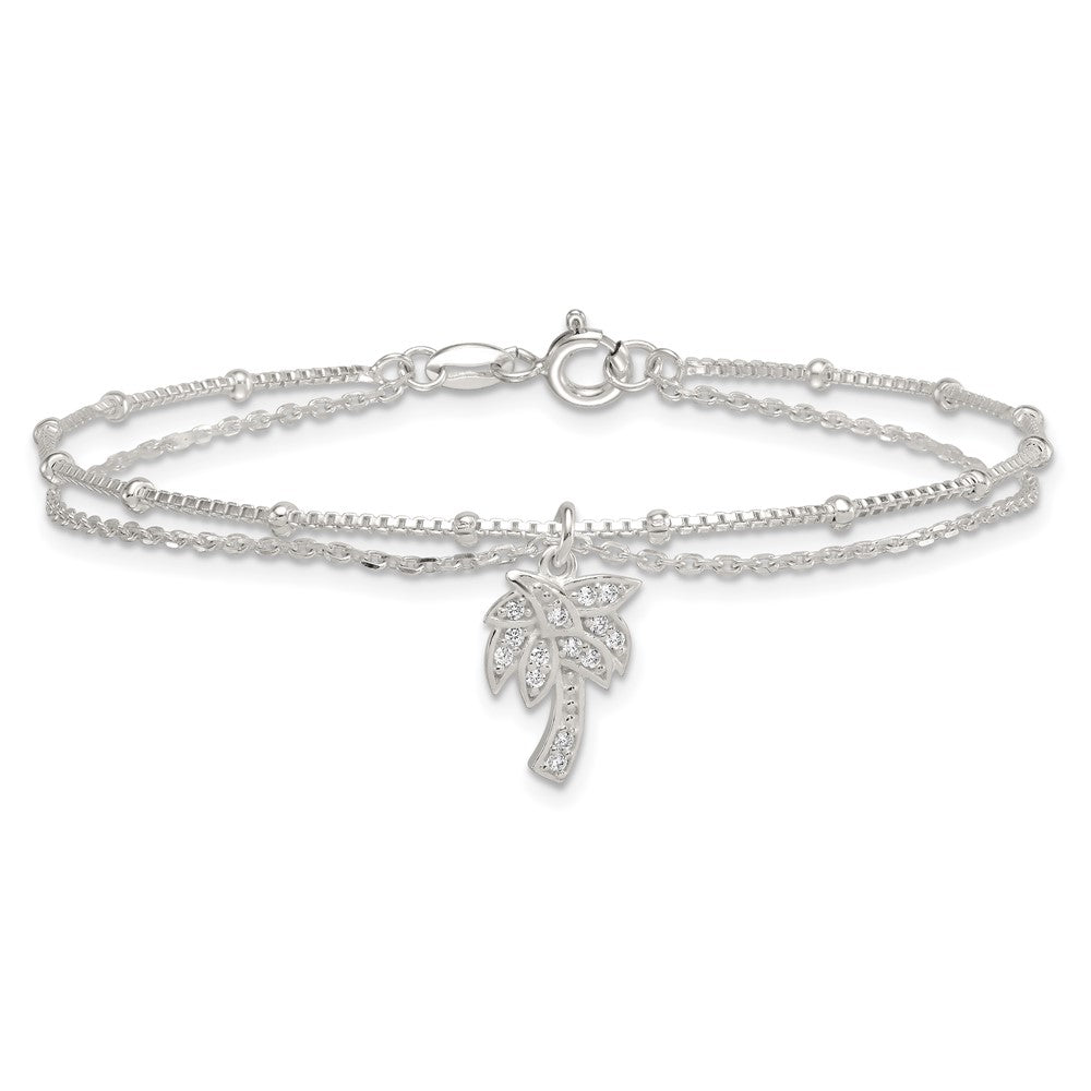 Sterling Silver Polished and Beaded CZ Palm Tree 2-Strand Bracelet