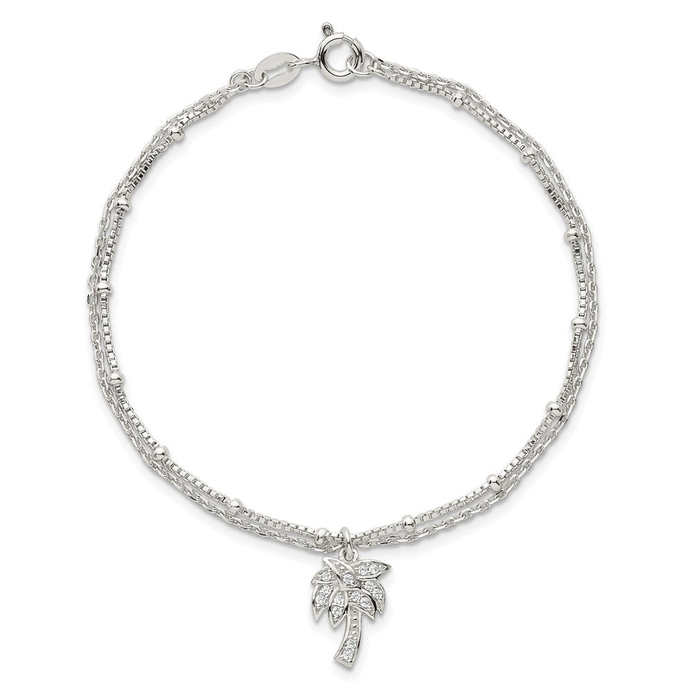 Sterling Silver Polished and Beaded CZ Palm Tree 2-Strand Bracelet