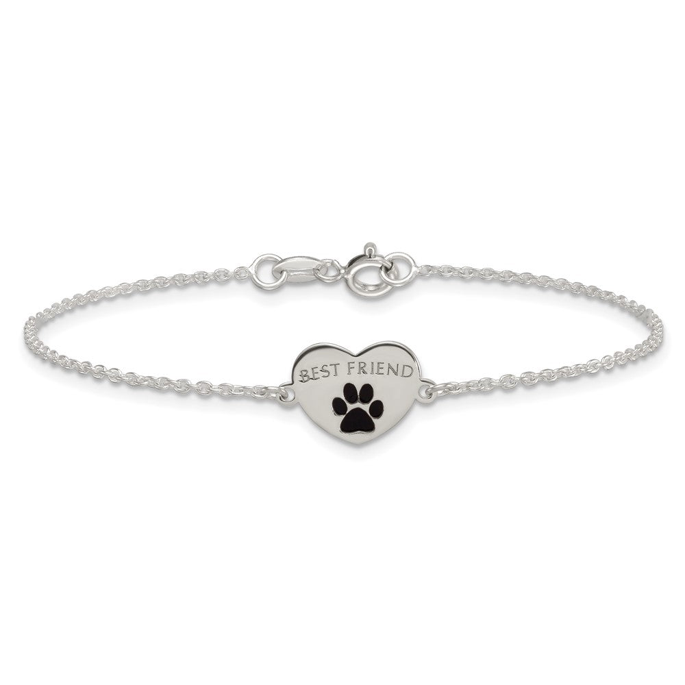 Sterling Silver Polished Enameled Pawprint Heart BEST FRIEND Bracelet