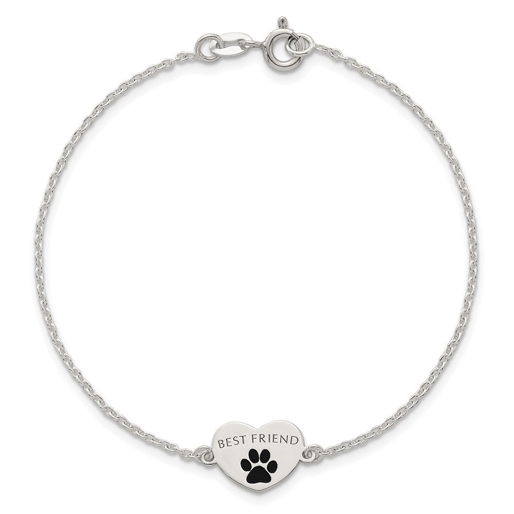 Sterling Silver Polished Enameled Pawprint Heart BEST FRIEND Bracelet