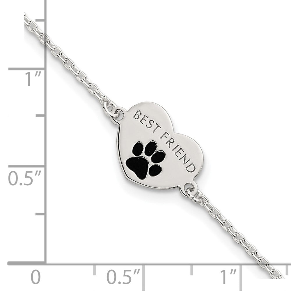 Sterling Silver Polished Enameled Pawprint Heart BEST FRIEND Bracelet