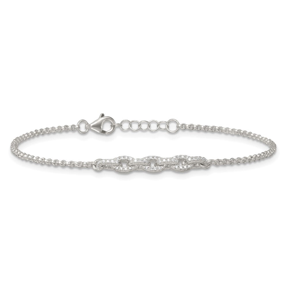 Sterling Silver Polished CZ Cable Link 6.75 Inch with .5 Inch Ext Bracelet