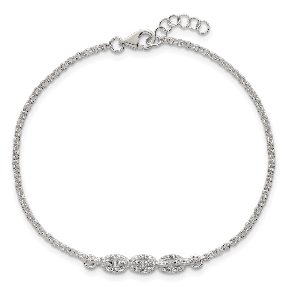 Sterling Silver Polished CZ Cable Link 6.75 Inch with .5 Inch Ext Bracelet