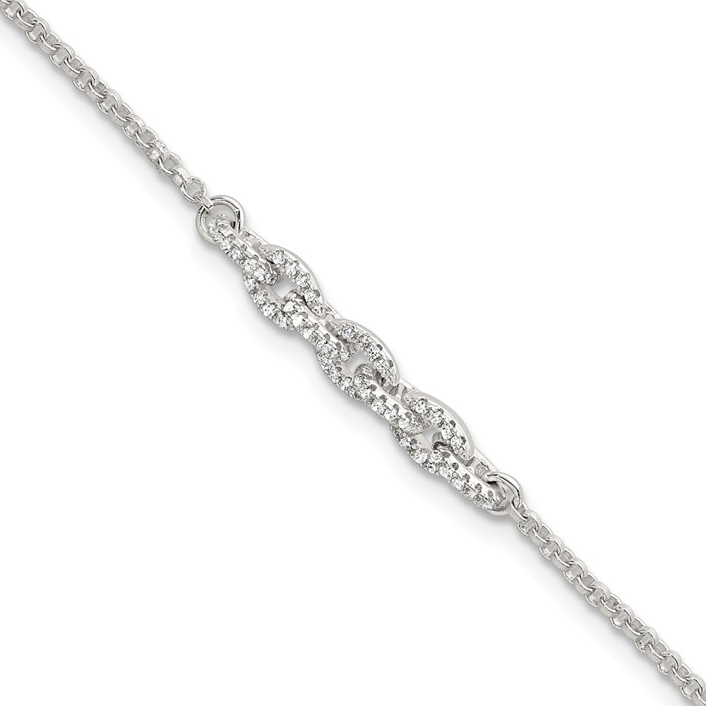 Sterling Silver Polished CZ Cable Link 6.75 Inch with .5 Inch Ext Bracelet