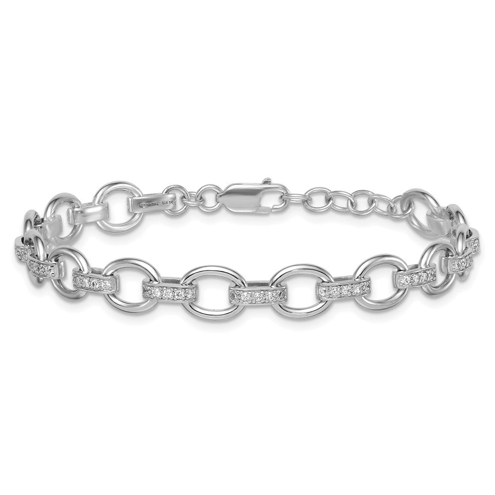 Sterling Silver Rh-plated CZ 7in w/.75in ext. Fancy Link Bracelet
