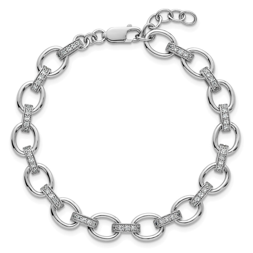 Sterling Silver Rh-plated CZ 7in w/.75in ext. Fancy Link Bracelet