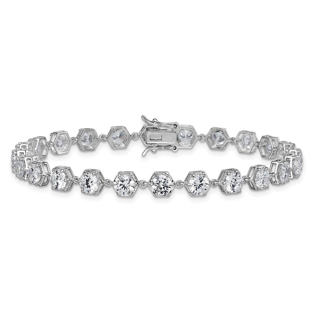 Sterling Silver RH-plated Polished CZ Hexagon 8 Inch Bracelet