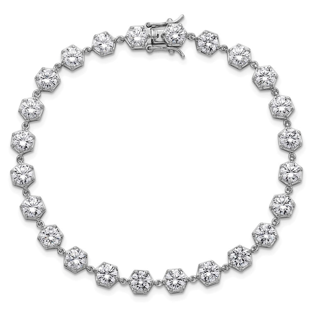 Sterling Silver RH-plated Polished CZ Hexagon 8 Inch Bracelet