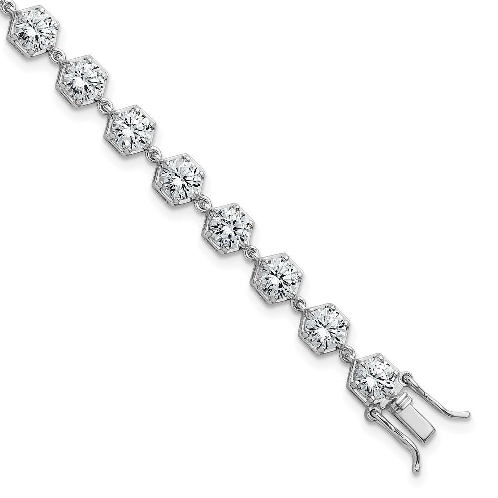 Sterling Silver RH-plated Polished CZ Hexagon 8 Inch Bracelet