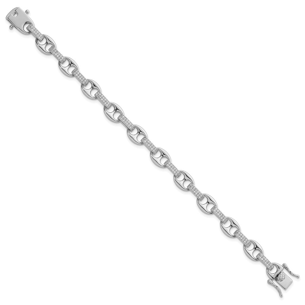 Sterling Silver RH-plated Polished CZ Oval and Mariner Link 7in Bracelet