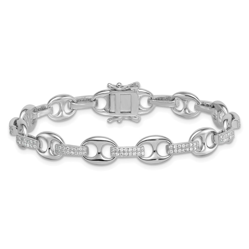 Sterling Silver RH-plated Polished CZ Oval and Mariner Link 7in Bracelet