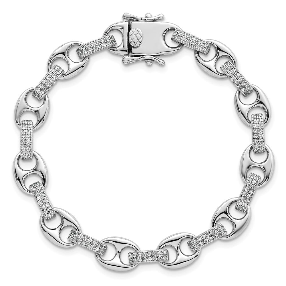 Sterling Silver RH-plated Polished CZ Oval and Mariner Link 7in Bracelet