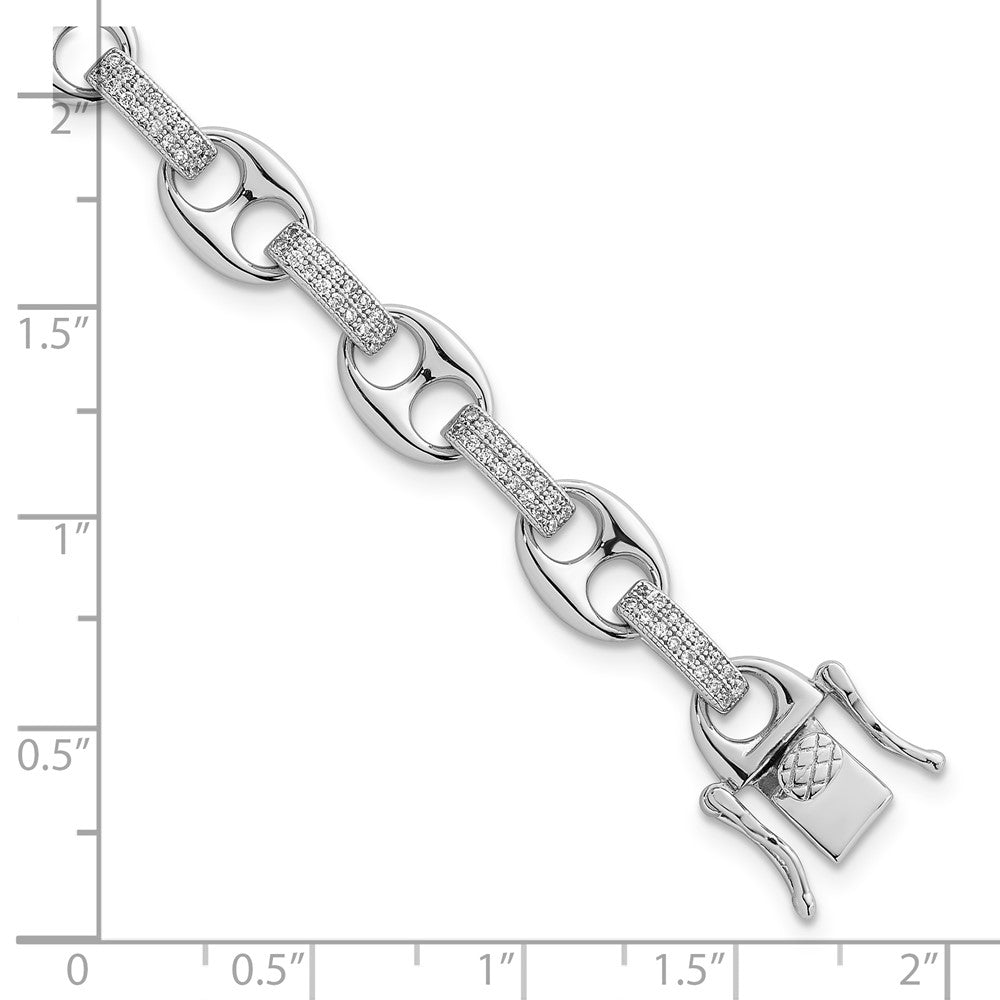 Sterling Silver RH-plated Polished CZ Oval and Mariner Link 7in Bracelet
