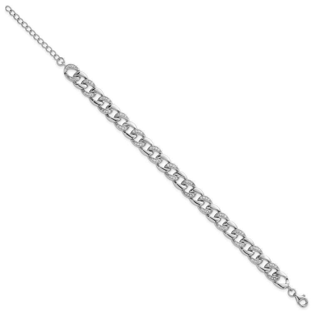 SS RH-plated Polished CZ 8mm Curb Link 7in w/ 1.5in Ext Bracelet