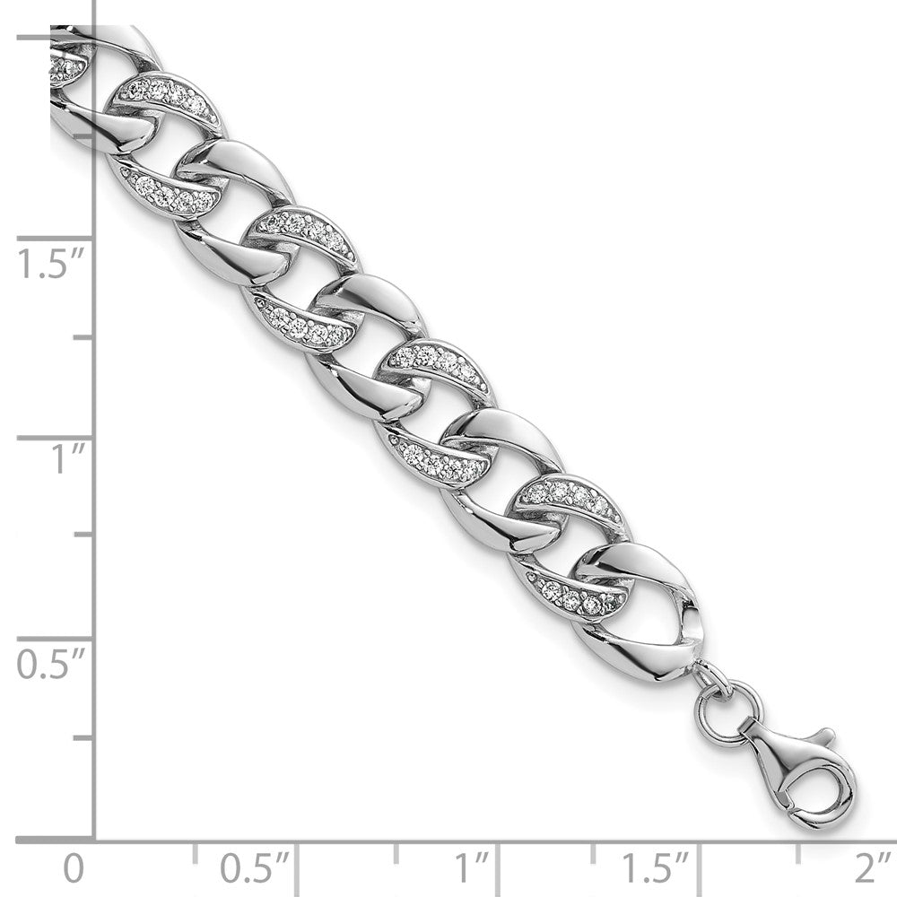 SS RH-plated Polished CZ 8mm Curb Link 7in w/ 1.5in Ext Bracelet