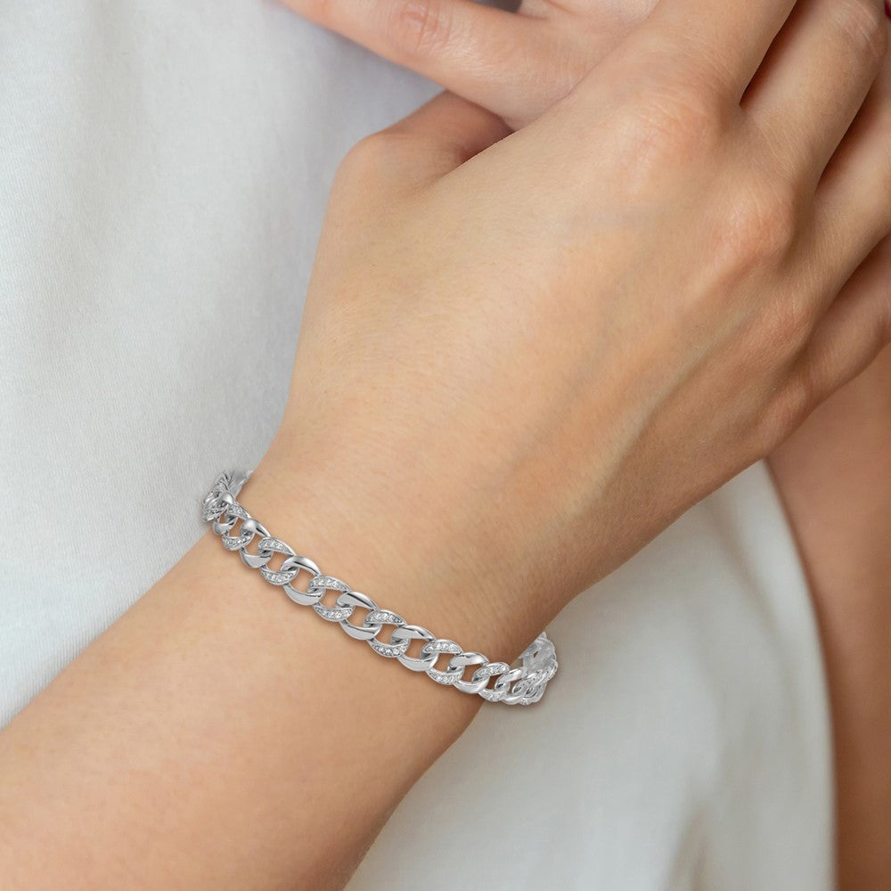 SS RH-plated Polished CZ 8mm Curb Link 7in w/ 1.5in Ext Bracelet