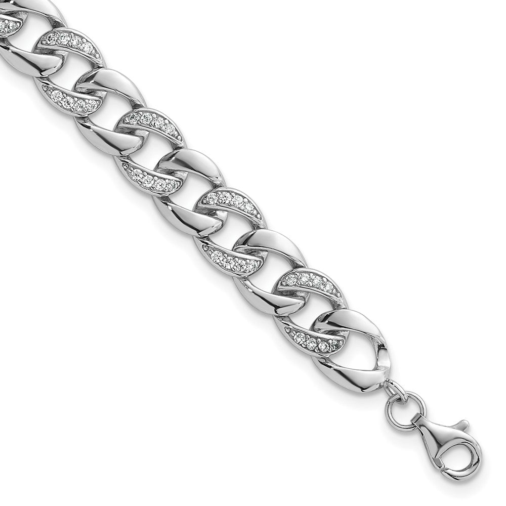 SS RH-plated Polished CZ 8mm Curb Link 7in w/ 1.5in Ext Bracelet