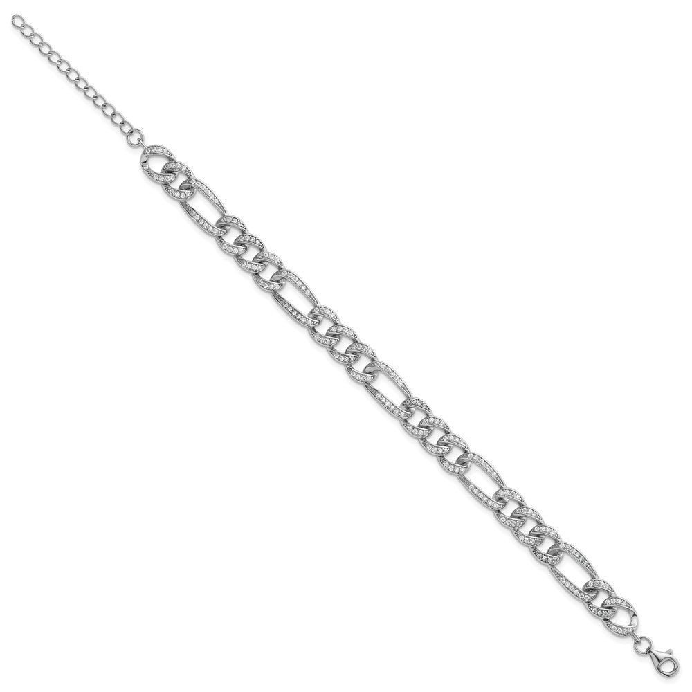SS RH-plated Polished CZ 8.5mm Figaro Link 7in w/ 1.5in Ext Bracelet