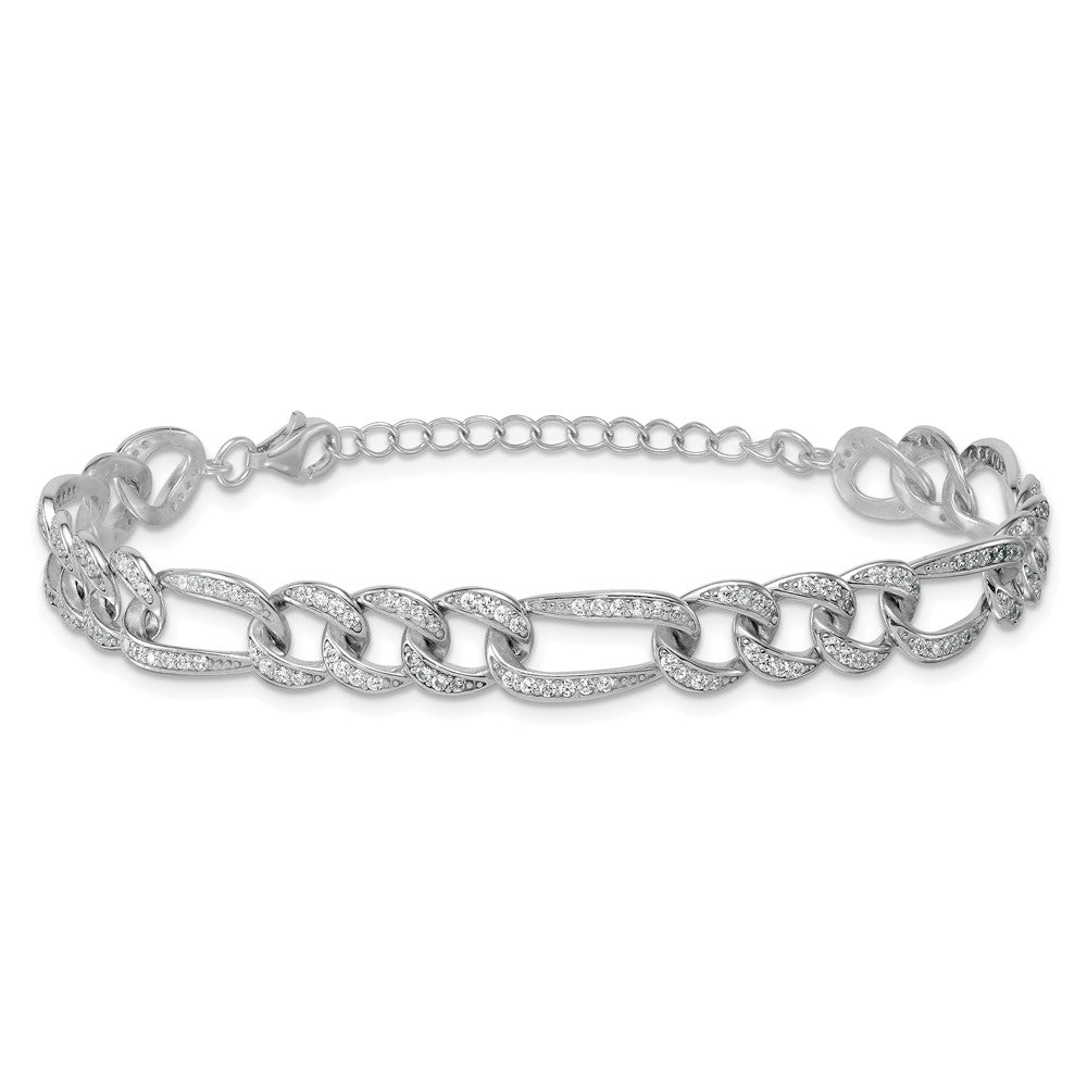 SS RH-plated Polished CZ 8.5mm Figaro Link 7in w/ 1.5in Ext Bracelet