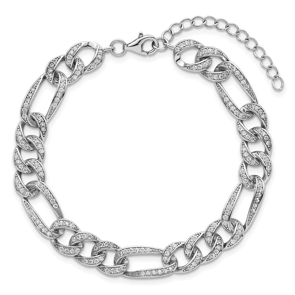 SS RH-plated Polished CZ 8.5mm Figaro Link 7in w/ 1.5in Ext Bracelet