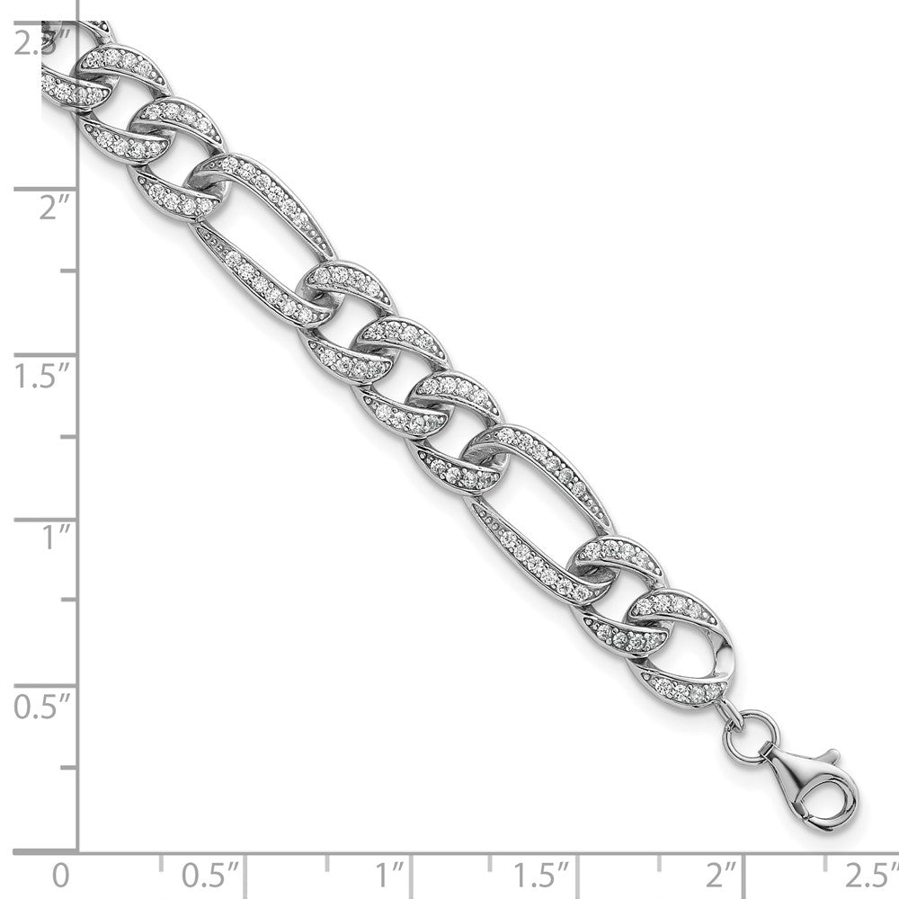 SS RH-plated Polished CZ 8.5mm Figaro Link 7in w/ 1.5in Ext Bracelet