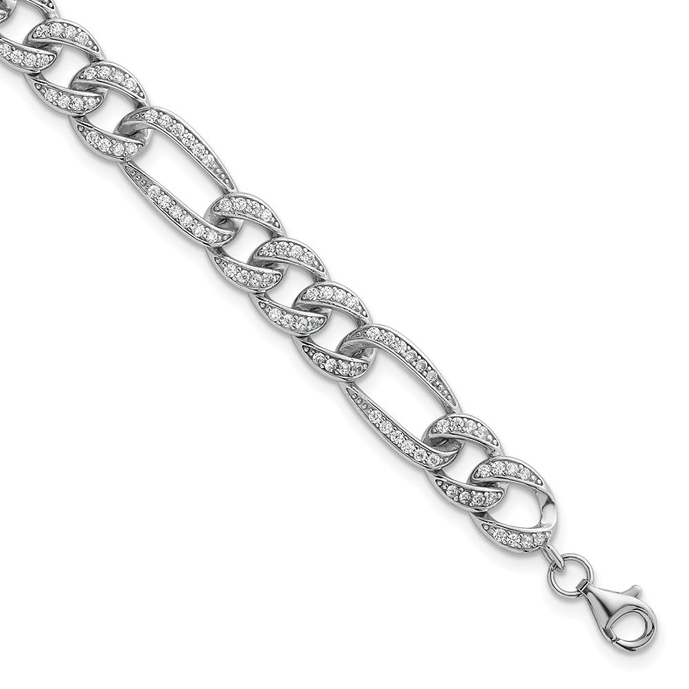 SS RH-plated Polished CZ 8.5mm Figaro Link 7in w/ 1.5in Ext Bracelet