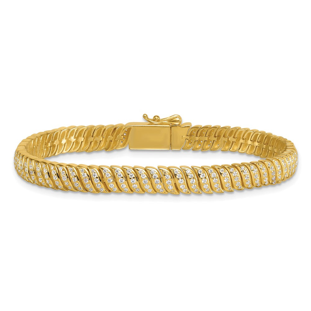 Sterling Silver Gold-Tone Polished Fancy CZ S Link 7 Inch Bracelet