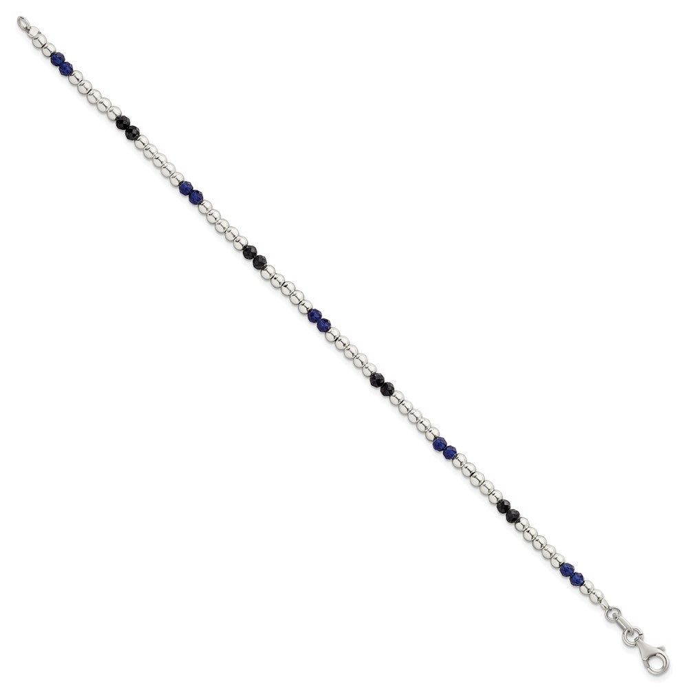 Sterling Silver Polished Blue Agate and Spinel Beaded Bracelet