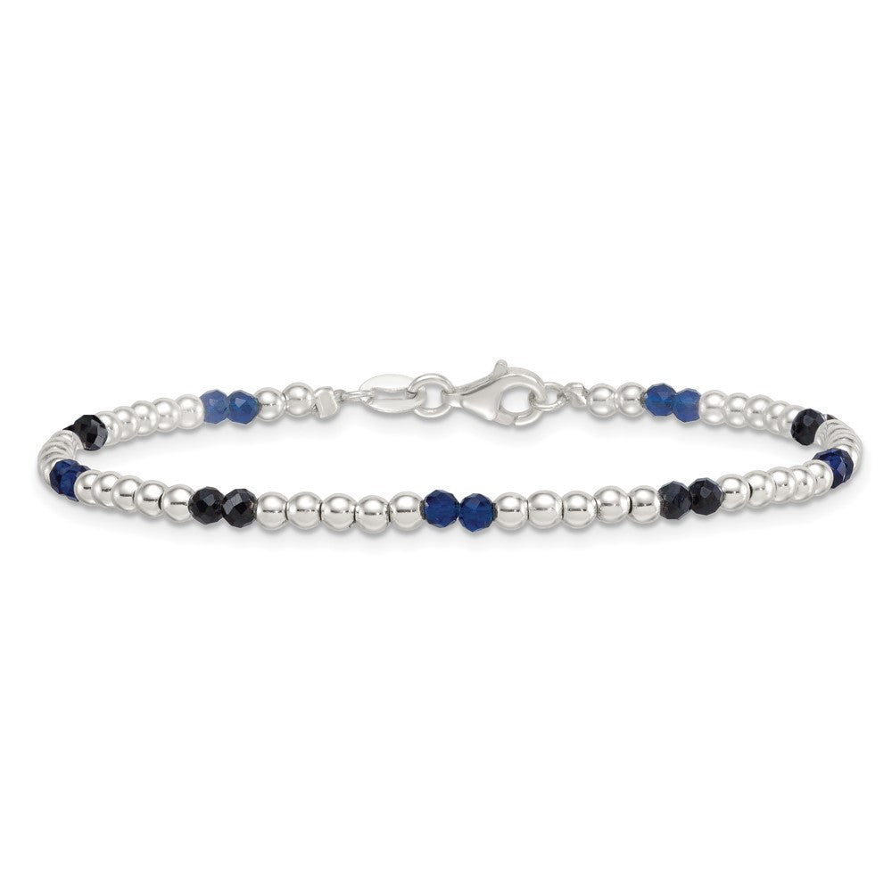 Sterling Silver Polished Blue Agate and Spinel Beaded Bracelet