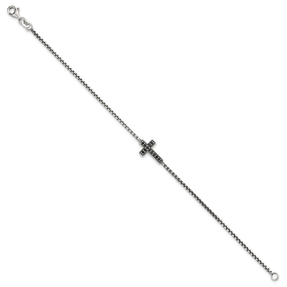 Sterling Silver Polished and Antiqued Black CZ Cross 7.5in Bracelet