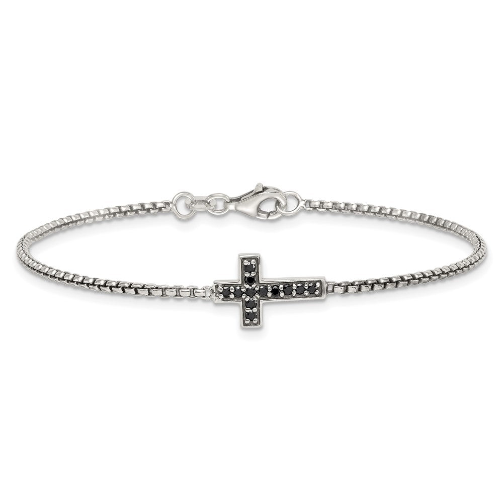 Sterling Silver Polished and Antiqued Black CZ Cross 7.5in Bracelet