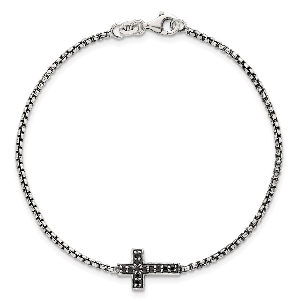 Sterling Silver Polished and Antiqued Black CZ Cross 7.5in Bracelet