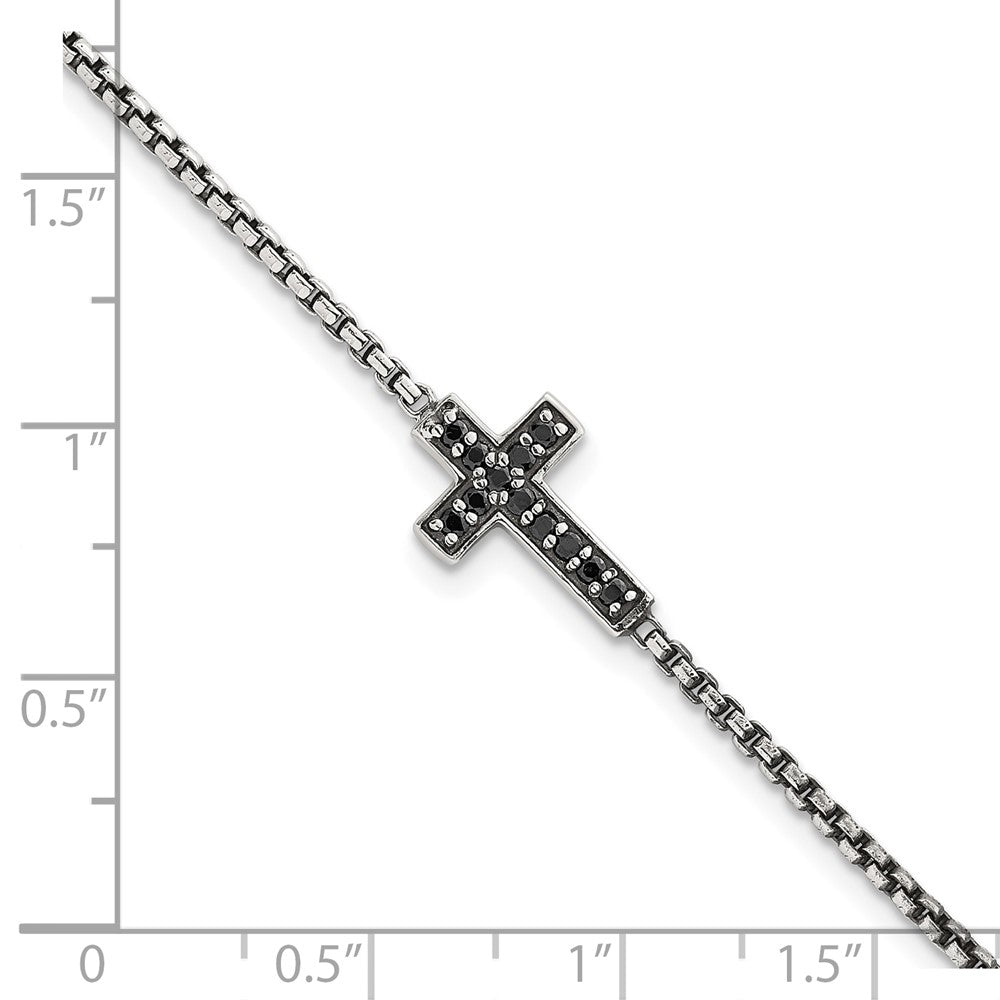 Sterling Silver Polished and Antiqued Black CZ Cross 7.5in Bracelet