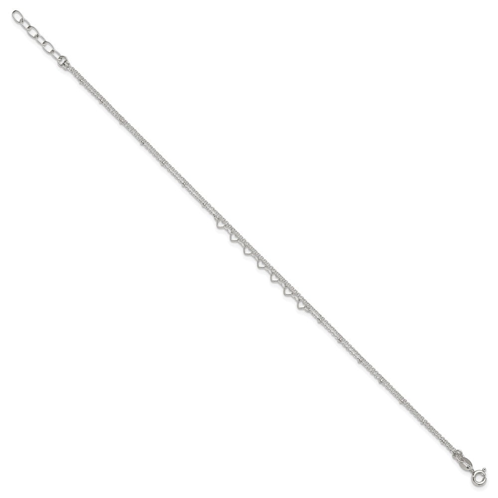 Sterling Silver Polished and Beaded Hearts 2-Strand 9in Plus 1in Ext Anklet