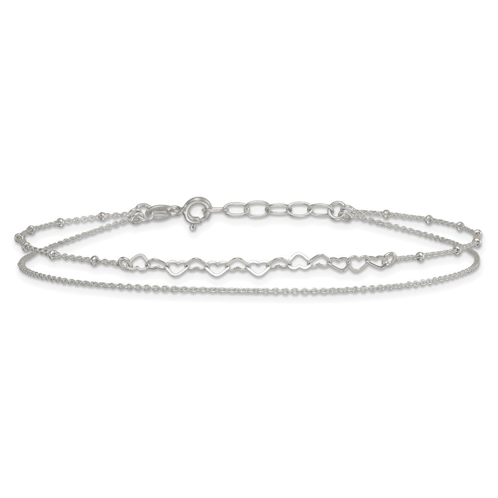 Sterling Silver Polished and Beaded Hearts 2-Strand 9in Plus 1in Ext Anklet
