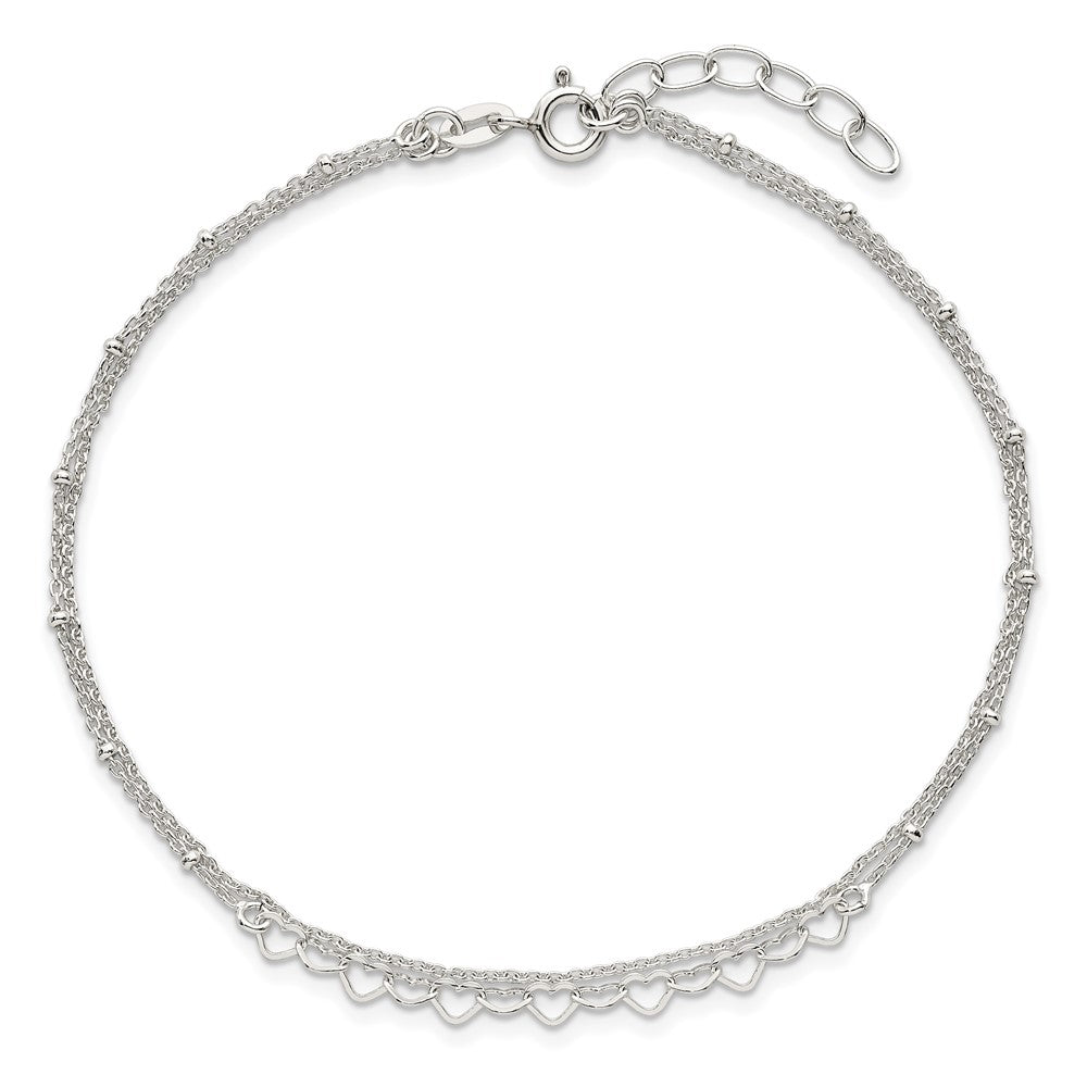 Sterling Silver Polished and Beaded Hearts 2-Strand 9in Plus 1in Ext Anklet