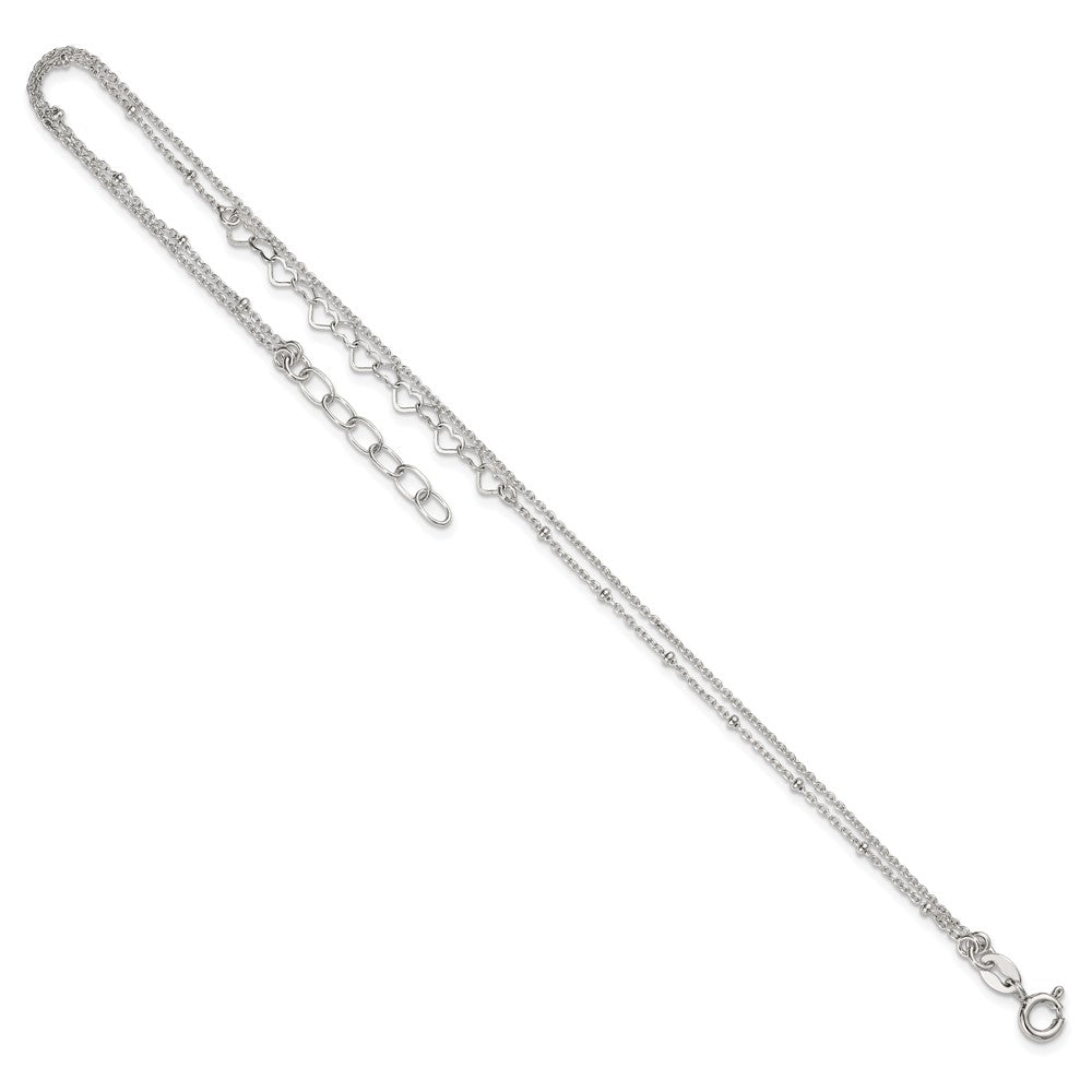 Sterling Silver Polished and Beaded Hearts 2-Strand 9in Plus 1in Ext Anklet