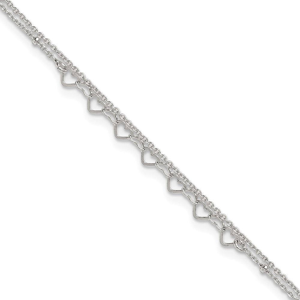Sterling Silver Polished and Beaded Hearts 2-Strand 9in Plus 1in Ext Anklet