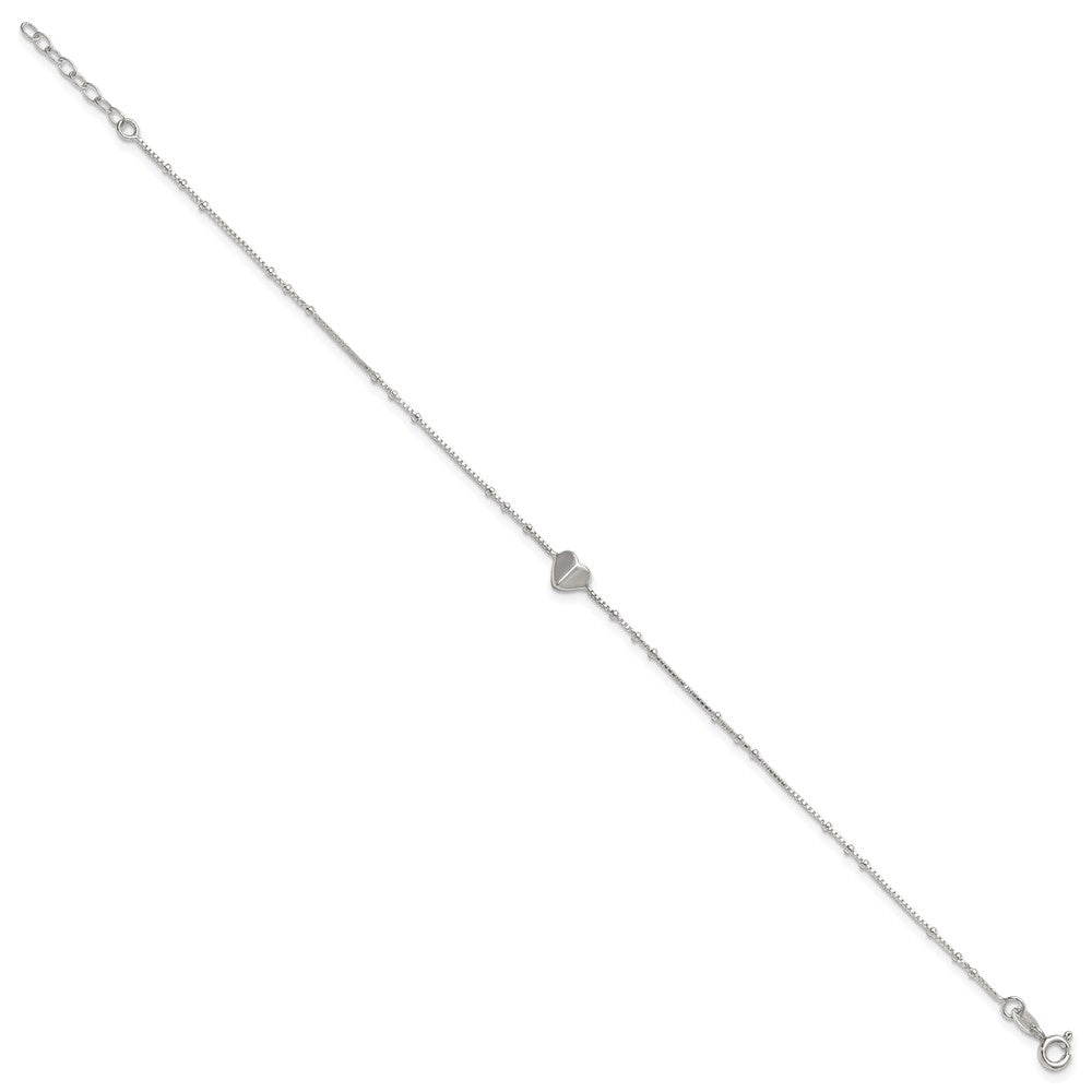 Sterling Silver Polished and Beaded Heart 9in Plus 1in Ext Anklet