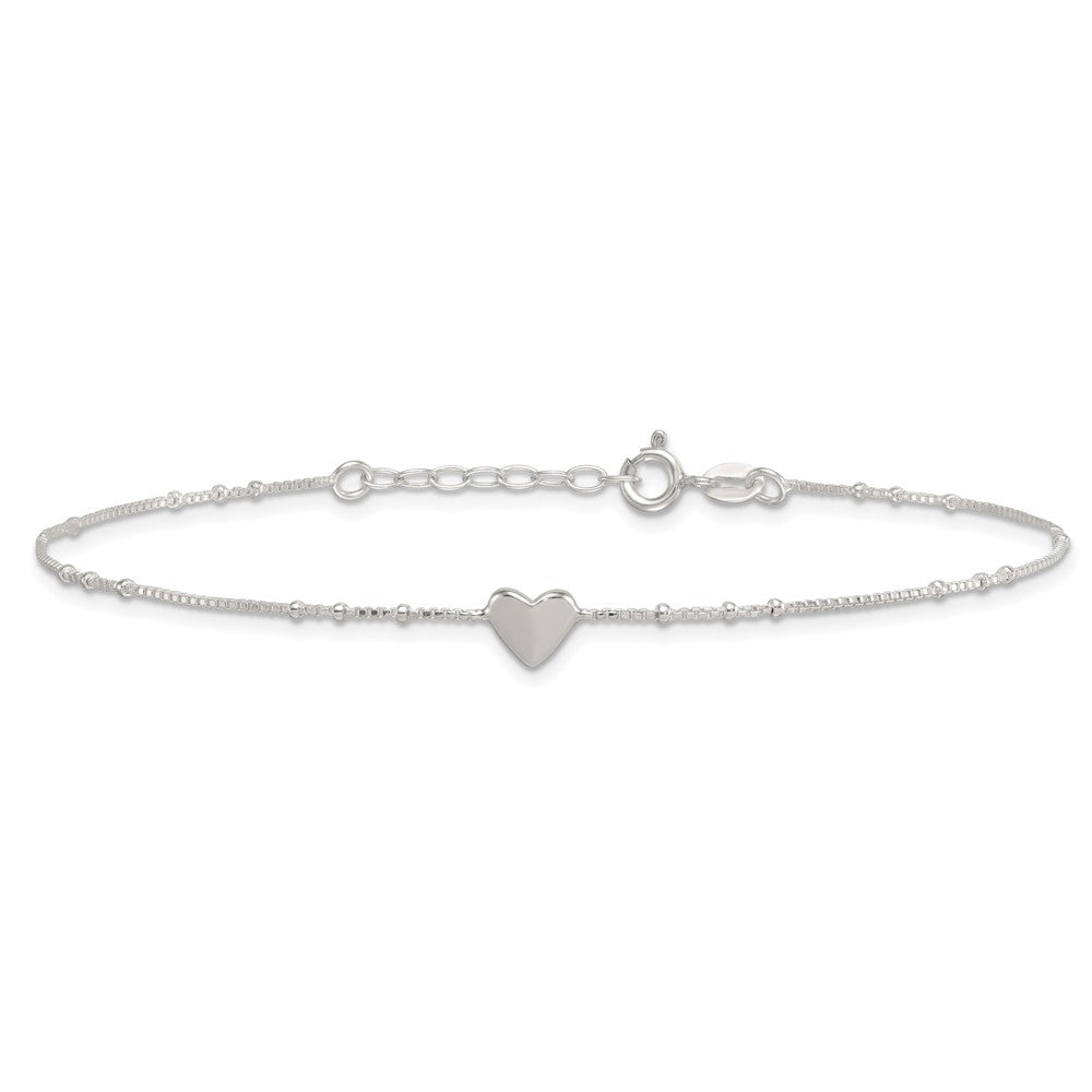 Sterling Silver Polished and Beaded Heart 9in Plus 1in Ext Anklet
