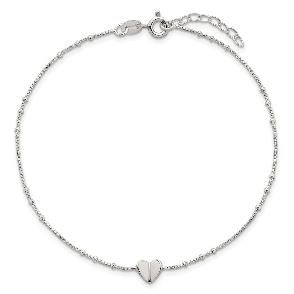 Sterling Silver Polished and Beaded Heart 9in Plus 1in Ext Anklet
