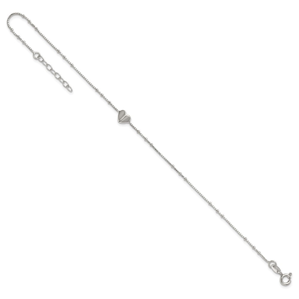 Sterling Silver Polished and Beaded Heart 9in Plus 1in Ext Anklet