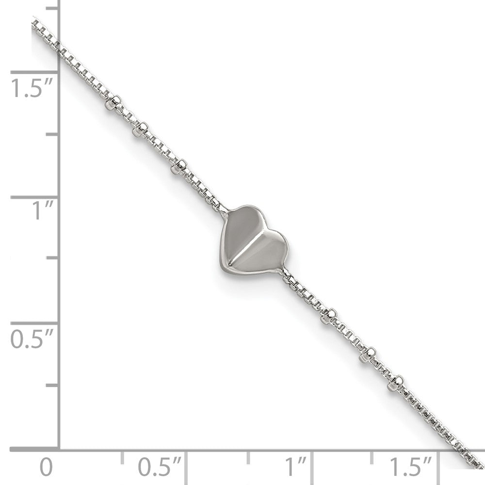 Sterling Silver Polished and Beaded Heart 9in Plus 1in Ext Anklet