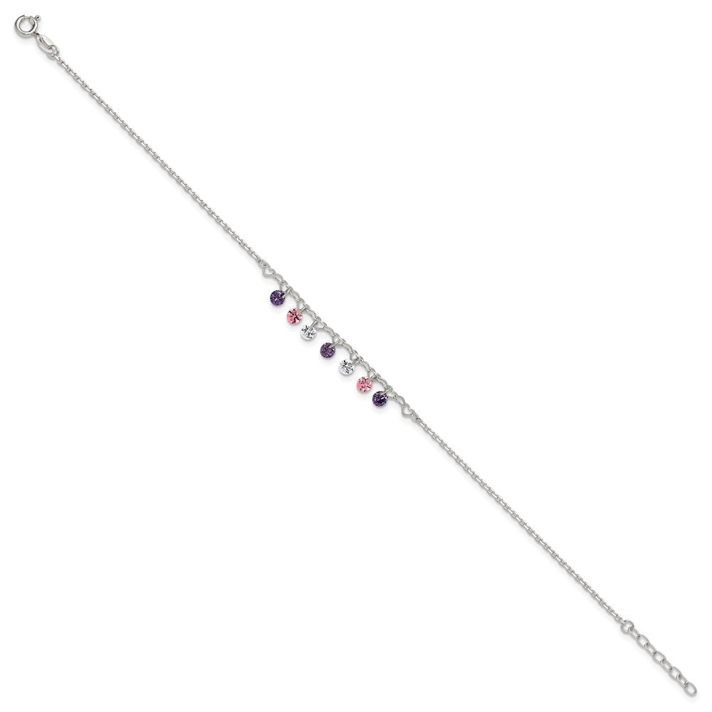 Sterling Silver Polished Multicolor CZ and Hearts 9in Plus 1in Ext Anklet