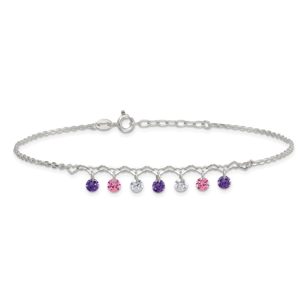 Sterling Silver Polished Multicolor CZ and Hearts 9in Plus 1in Ext Anklet