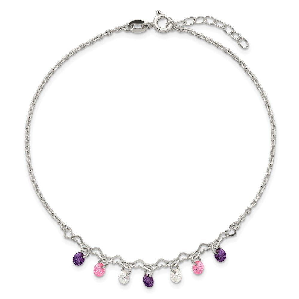 Sterling Silver Polished Multicolor CZ and Hearts 9in Plus 1in Ext Anklet