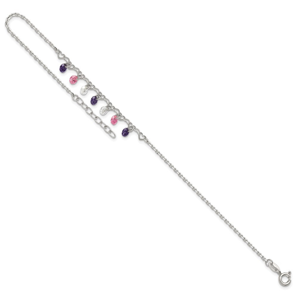 Sterling Silver Polished Multicolor CZ and Hearts 9in Plus 1in Ext Anklet